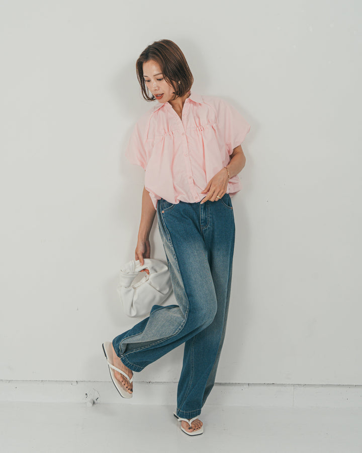 ［SET］バルーンShirringハーフスリーブシャツ + 10oz サイドタック リラックスデニムパンツ（2SET）