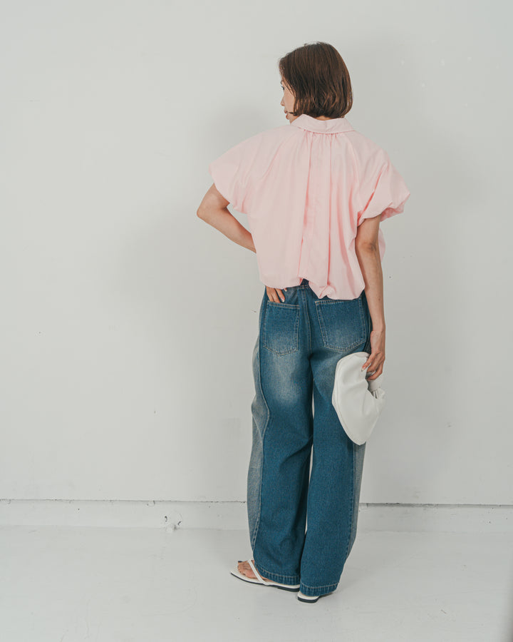 ［SET］バルーンShirringハーフスリーブシャツ + 10oz サイドタック リラックスデニムパンツ（2SET）