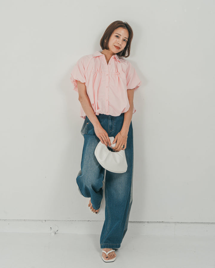 ［SET］バルーンShirringハーフスリーブシャツ + 10oz サイドタック リラックスデニムパンツ（2SET）