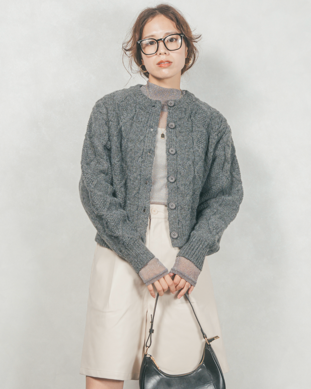 ケーブルKnitクルーカーディガン (CHARCOAL GRAY)