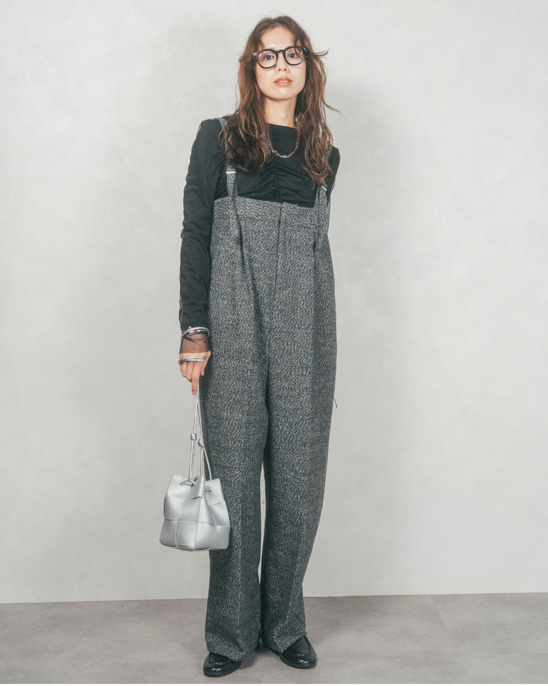 ［SET］ループ編みフリンジカーディガン+Tweedベロアサロペット（2SET）