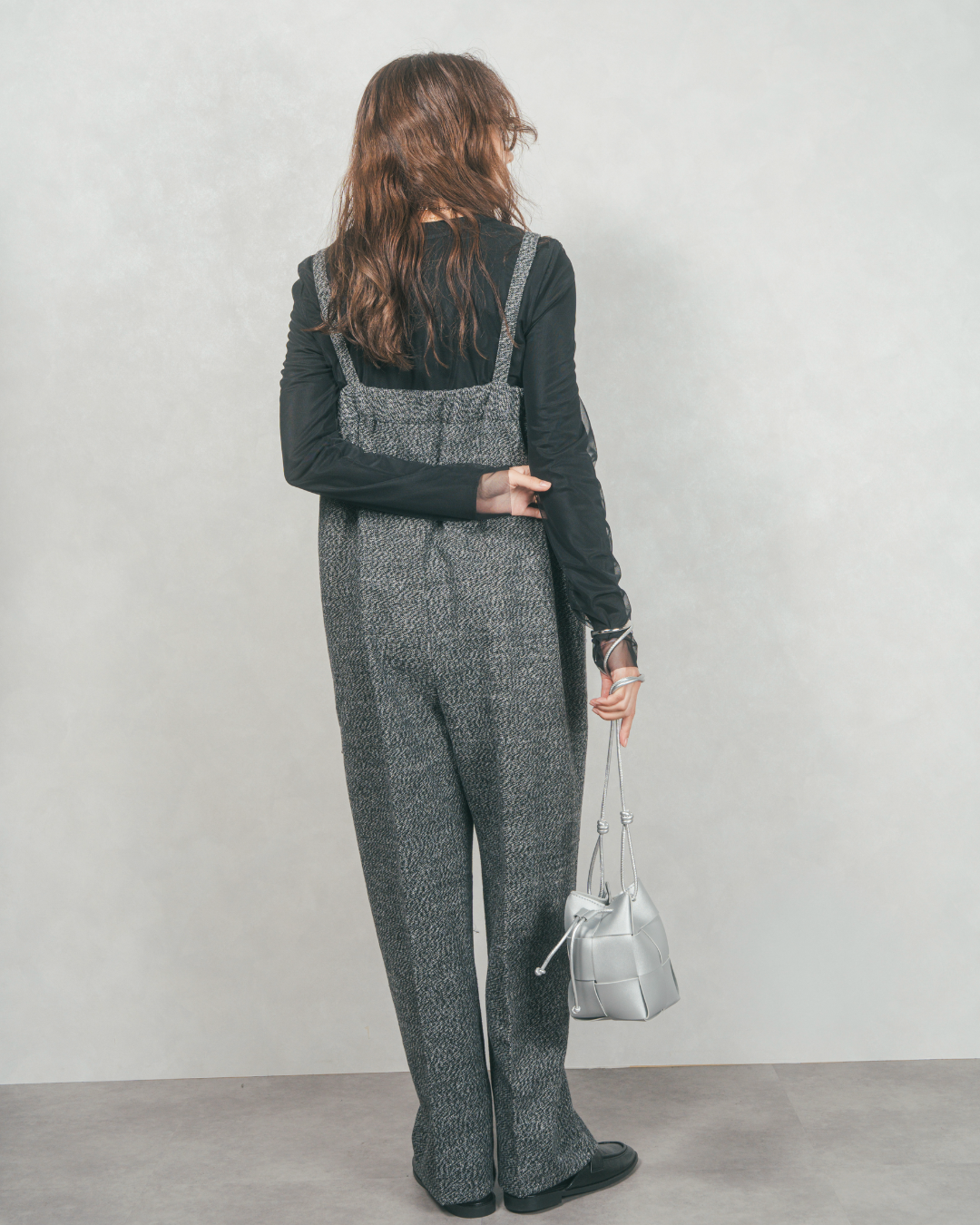 ［SET］ループ編みフリンジカーディガン+Tweedベロアサロペット（2SET）