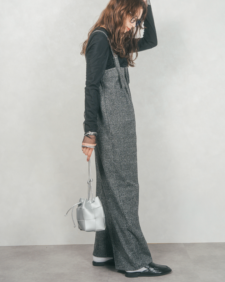 ［SET］ループ編みフリンジカーディガン+Tweedベロアサロペット（2SET）