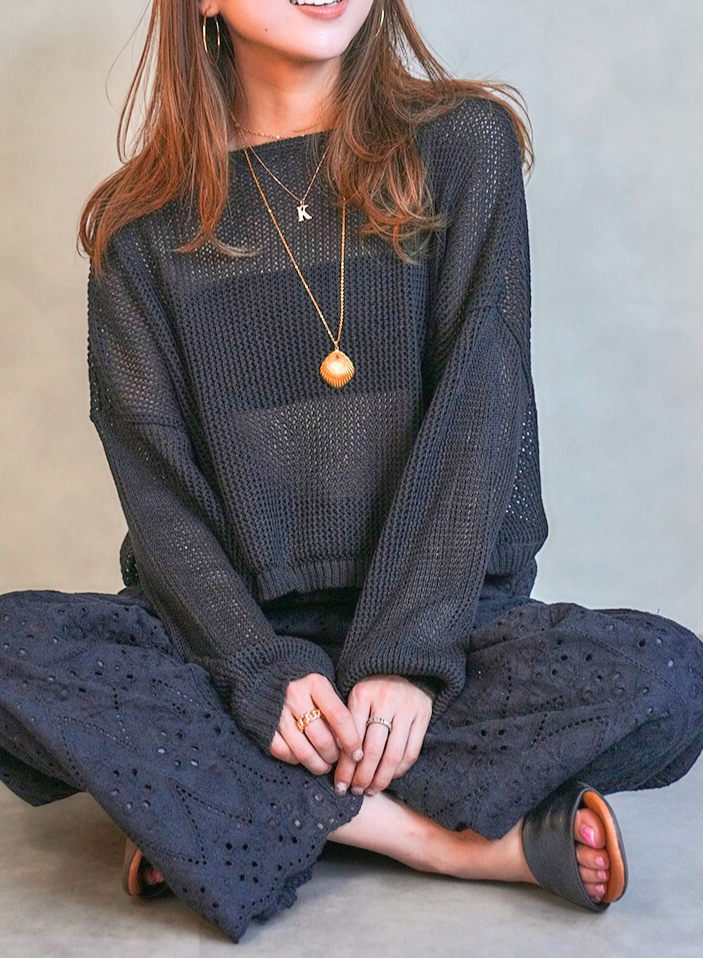 クロップドメッシュニット( BLACK)