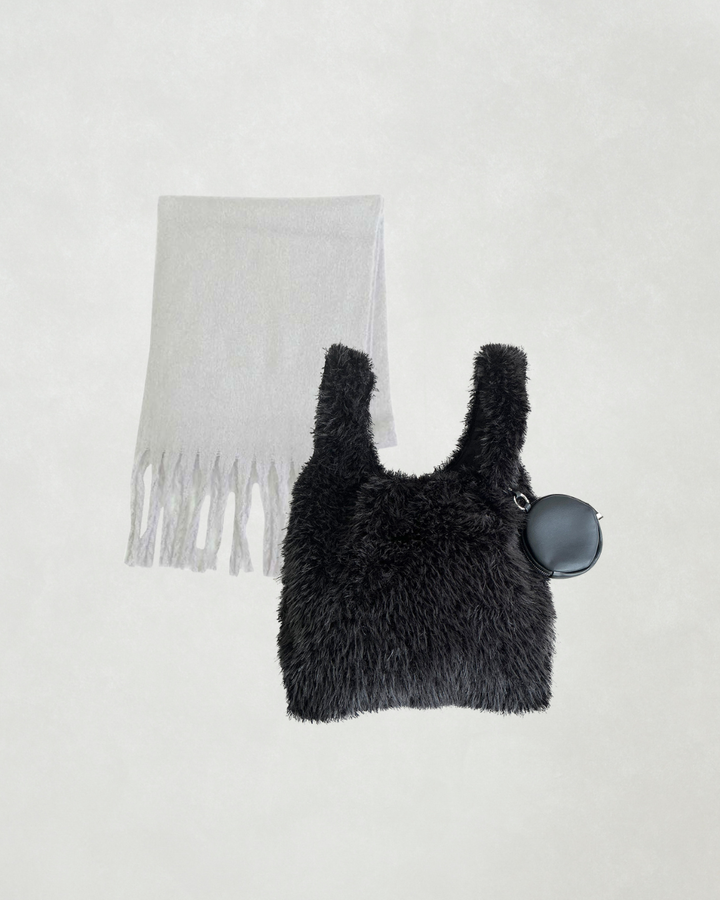 ［SET］ポーチ付Fairyファーバッグ+ボリュームフリンジ Shaggyマフラー（2SET）