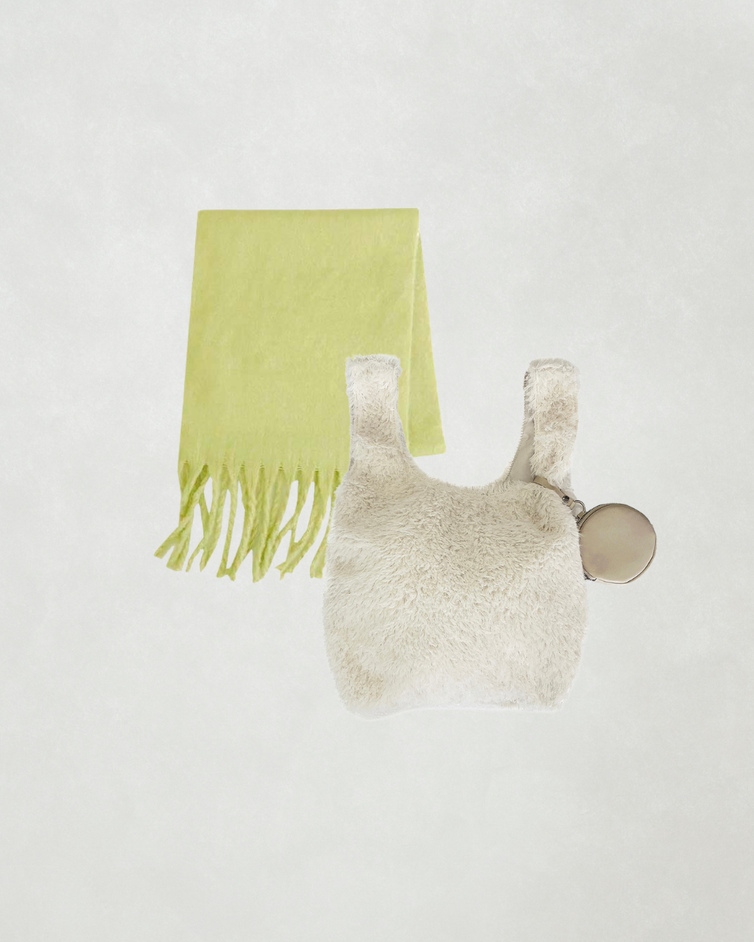 ［SET］ポーチ付Fairyファーバッグ+ボリュームフリンジ Shaggyマフラー（2SET）