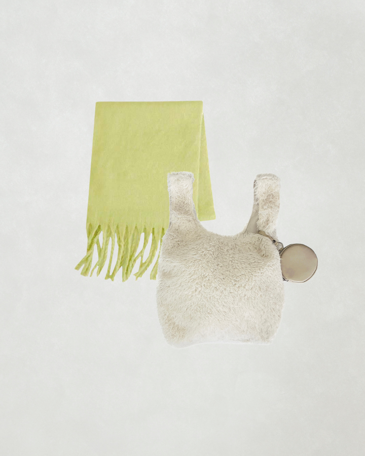 ［SET］ポーチ付Fairyファーバッグ+ボリュームフリンジ Shaggyマフラー（2SET）