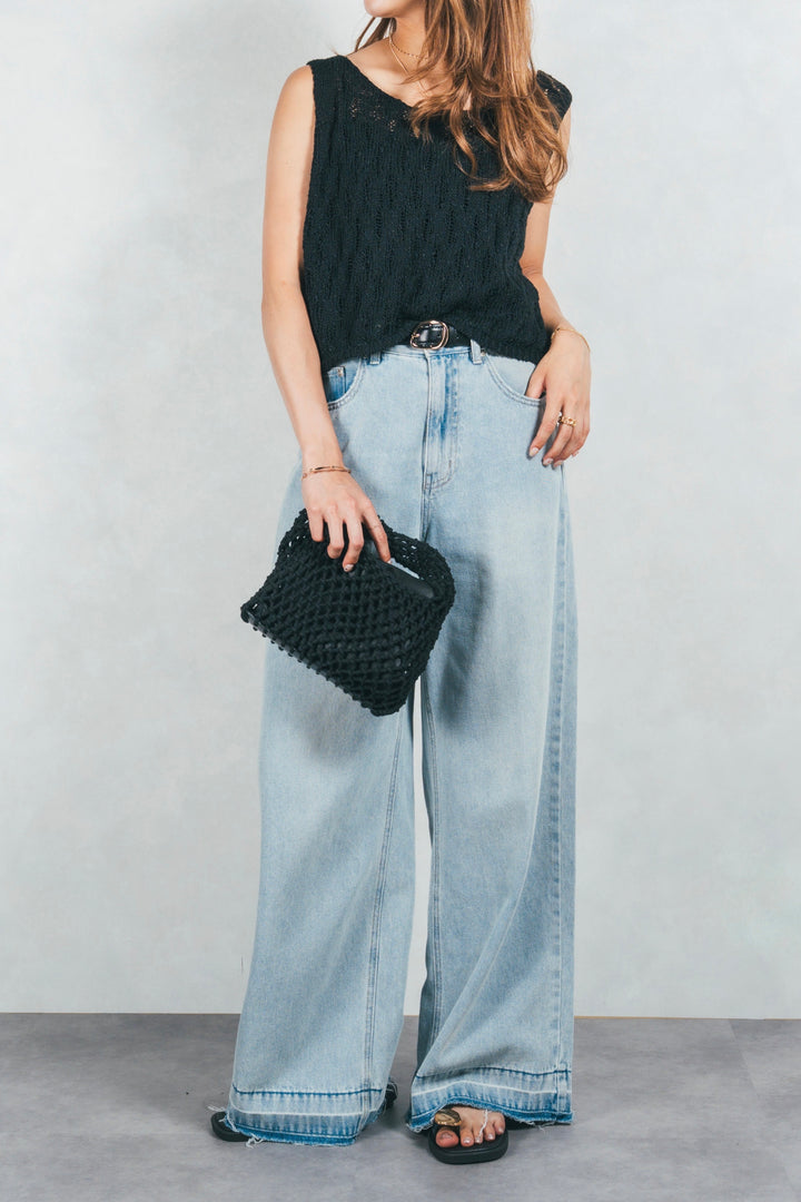 透かし編みクロップドニットベスト (BLACK)