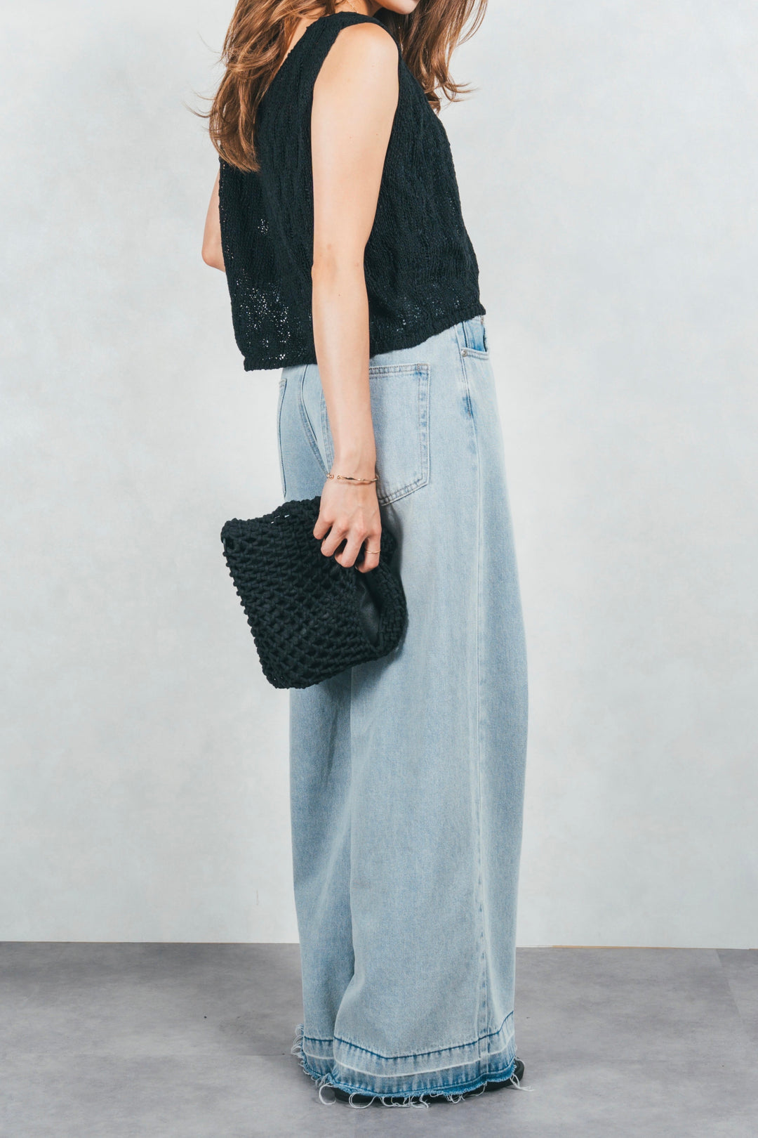 透かし編みクロップドニットベスト (BLACK)