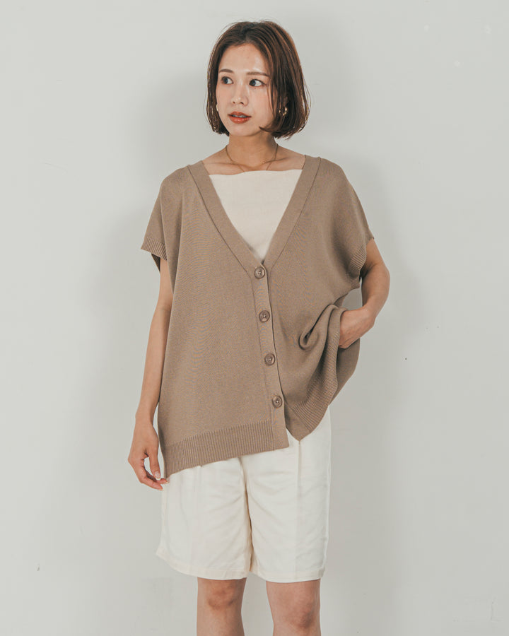 ［SET］VネックRelaxニットベスト + Vintageサテン　ハーフパンツ（2SET）