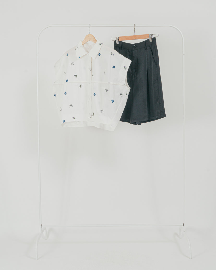 ［SET］Flower刺繍コクーンシャツ + Vintageサテン　ハーフパンツ（2SET）