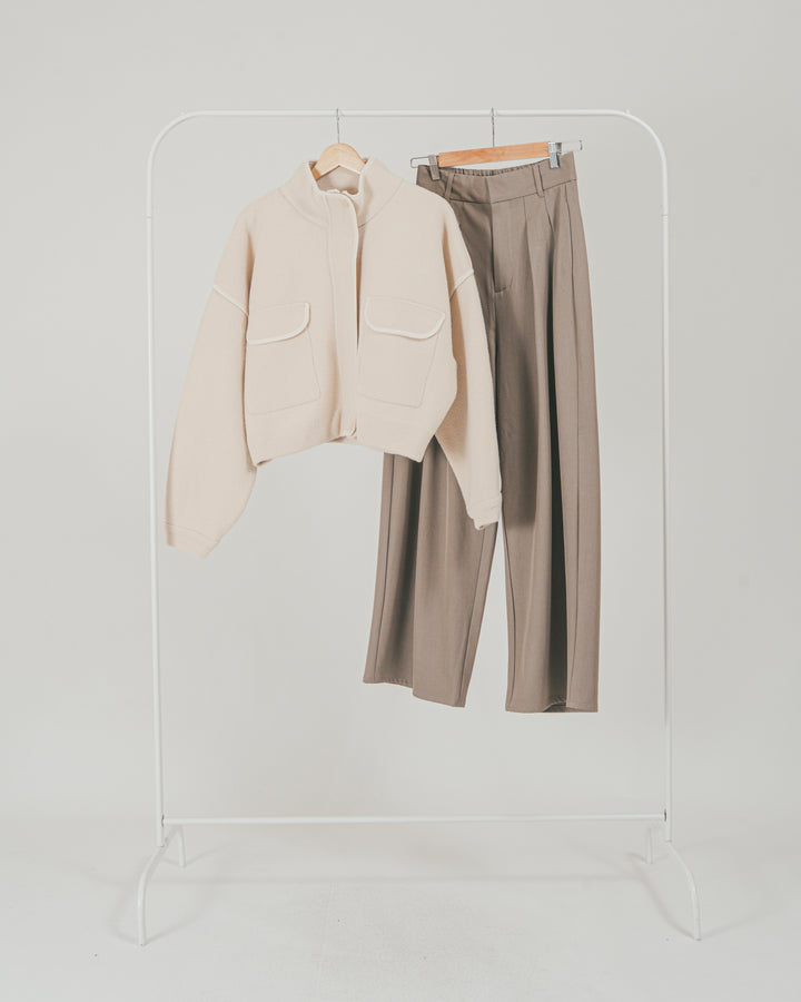 ［SET］Softショートニットブルゾン + ダブルタック ハイウエストワイドパンツ（2SET）