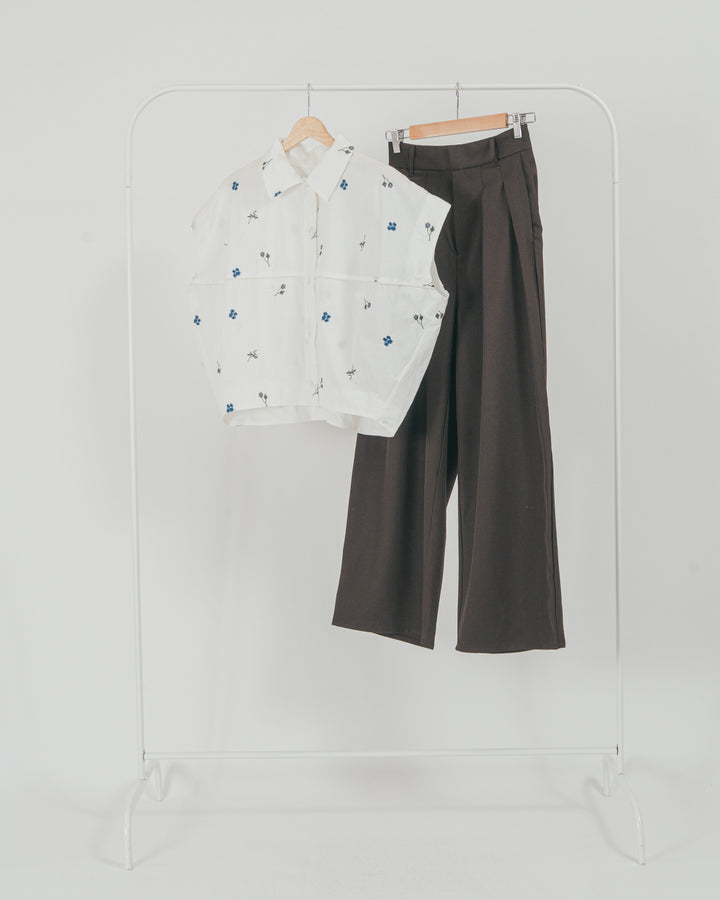 ［SET］Flower刺繍コクーンシャツ + ダブルタック ハイウエストワイドパンツ（2SET）