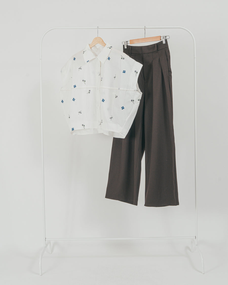 ［SET］Flower刺繍コクーンシャツ + ダブルタック ハイウエストワイドパンツ（2SET）