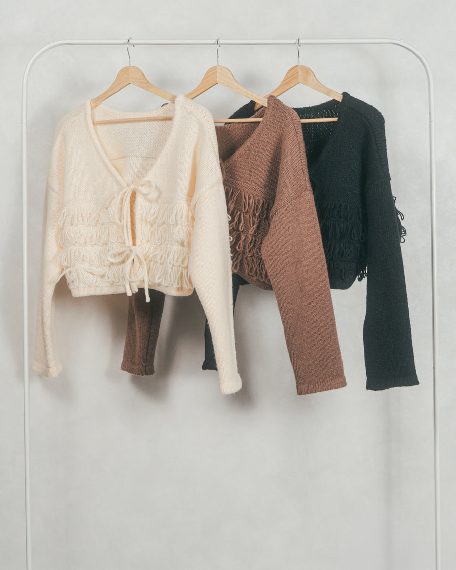 ［SET］ループ編みフリンジカーディガン+Tweedベロアサロペット（2SET）