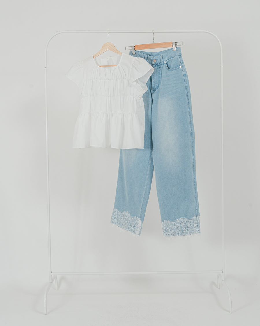 ［SET］ブロード シャーリングブラウス + 接触冷感 10oz裾レースデニム（2SET）