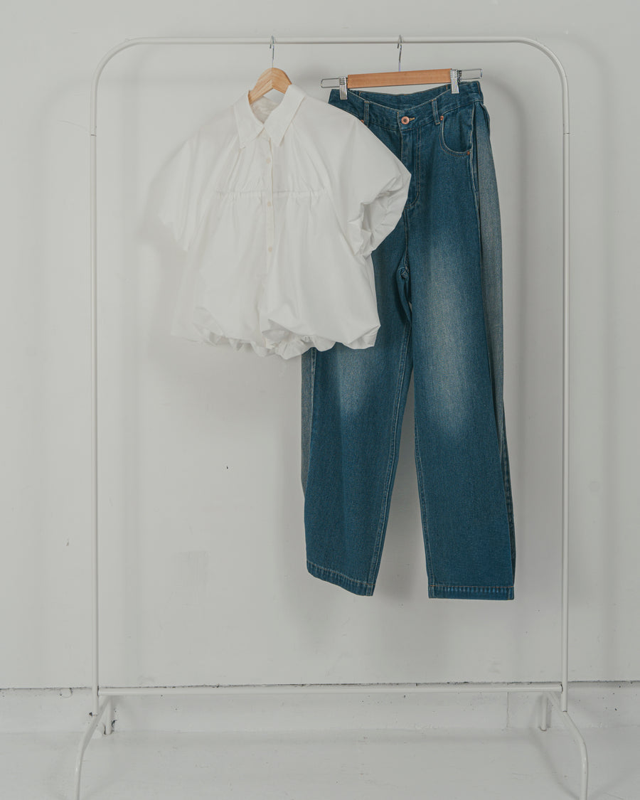 ［SET］バルーンShirringハーフスリーブシャツ + 10oz サイドタック リラックスデニムパンツ（2SET）