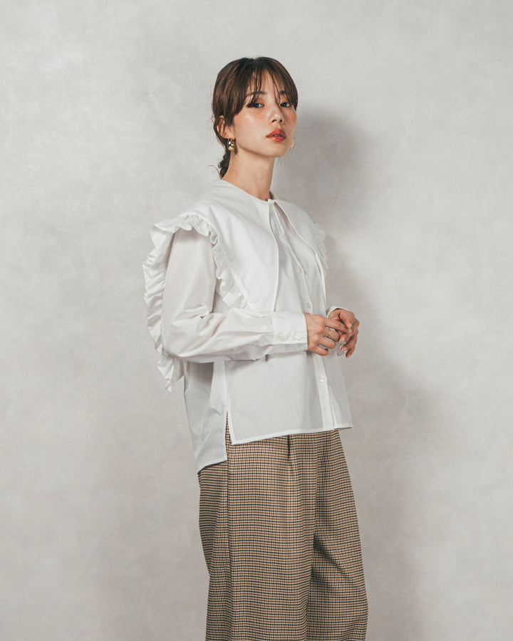 ［SET］2WAYビッグフリルカラーブラウス+Effortless チェックタックパンツ（2SET）