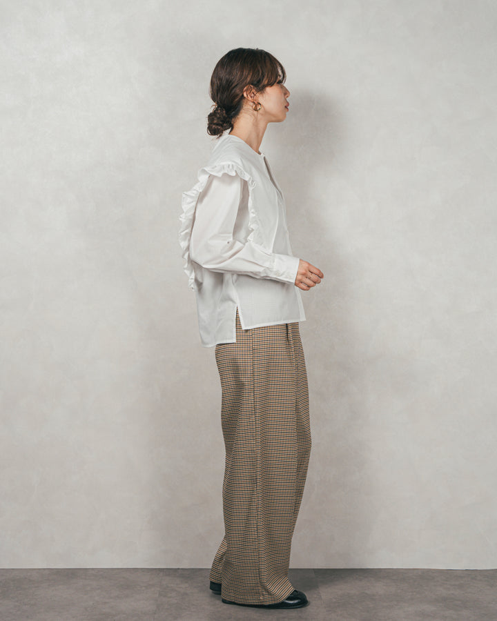 ［SET］2WAYビッグフリルカラーブラウス+Effortless チェックタックパンツ（2SET）