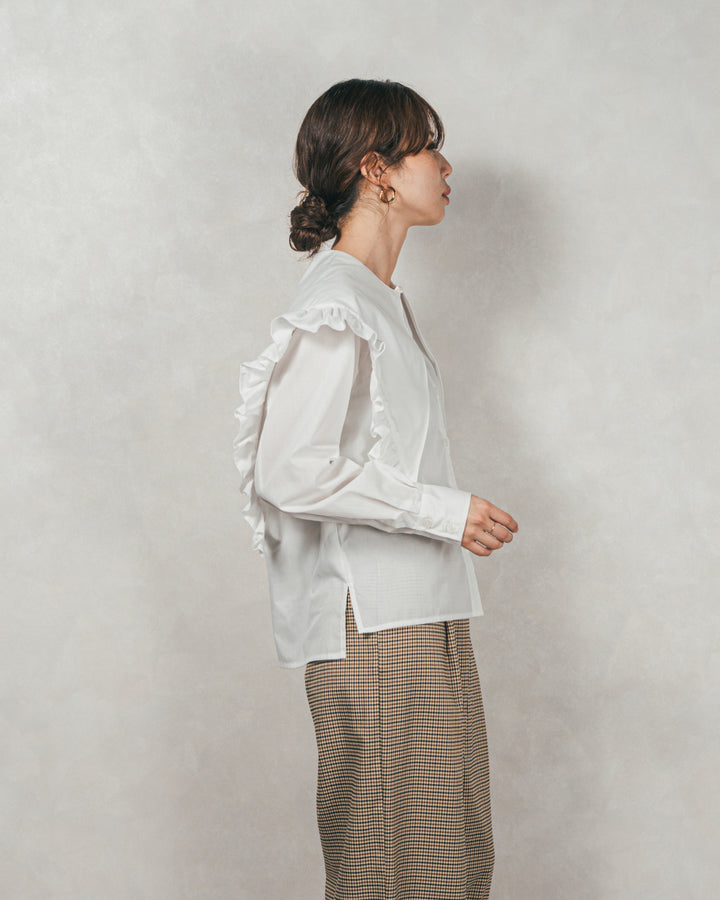 ［SET］2WAYビッグフリルカラーブラウス+Effortless チェックタックパンツ（2SET）