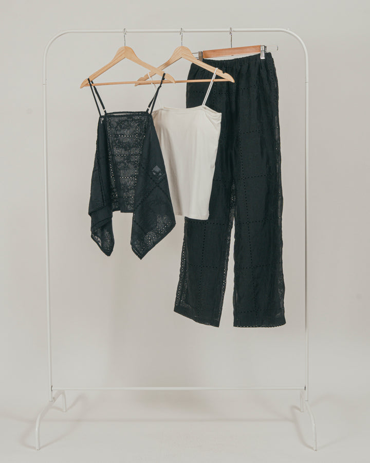 ［SET］パッチワーク刺繍ランダムキャミ + パッチワーク刺繍リラックスパンツ + 【接触冷感・UVカット・防臭】カップ付きリブキャミ（3SET）