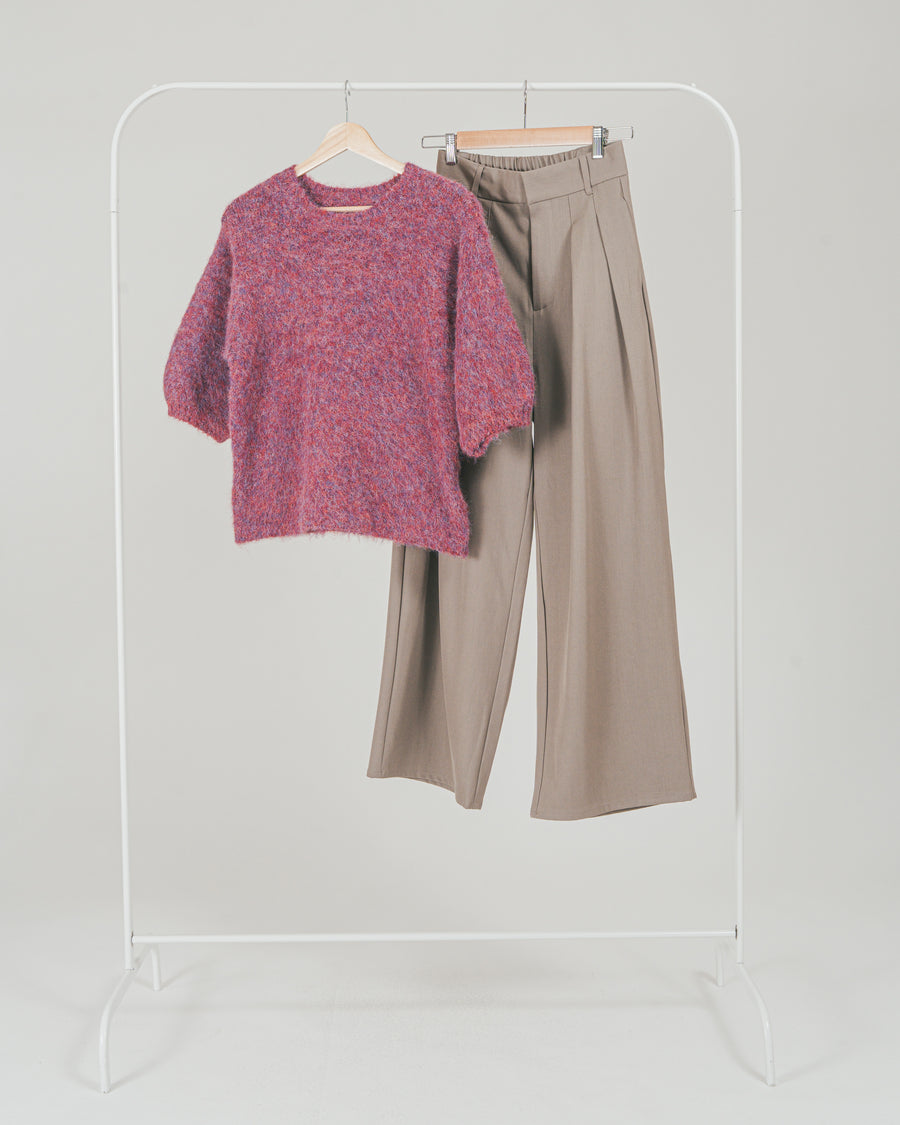［SET］フェザータッチハーフスリーブニット + ダブルタック ハイウエストワイドパンツ（2SET）