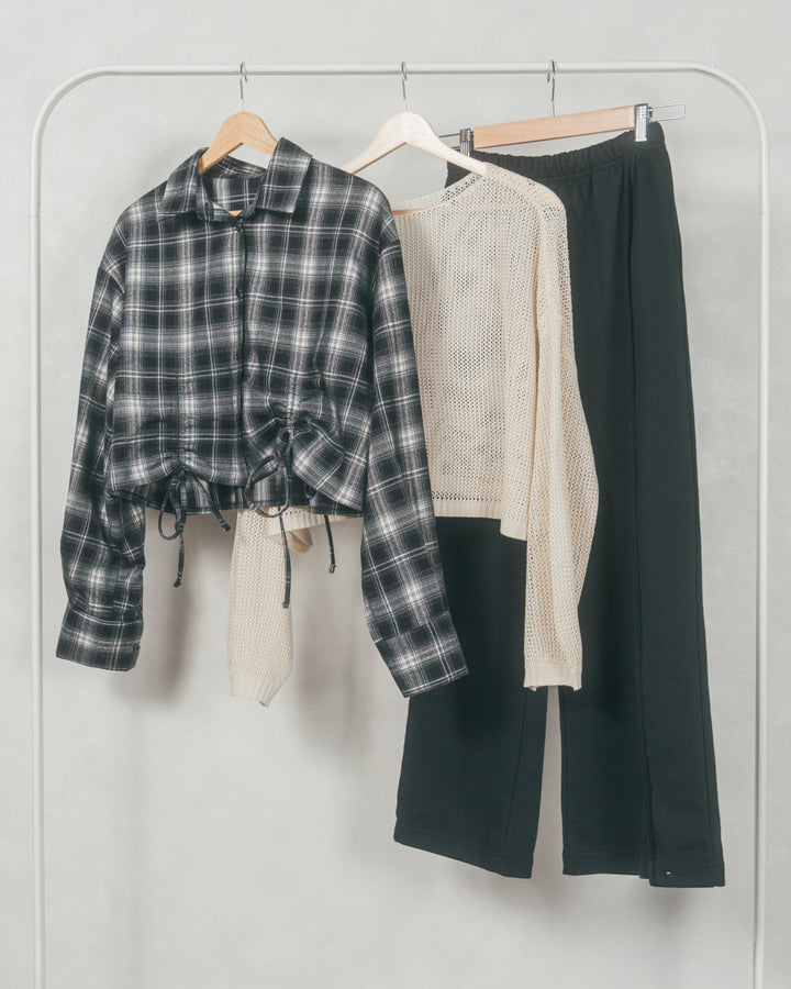 【着回し3枚セット】［SET］クロップドメッシュニット+裾ドロストクロップドチェックシャツ+2-Way ウェーブデザインスウェットパンツ（3SET）