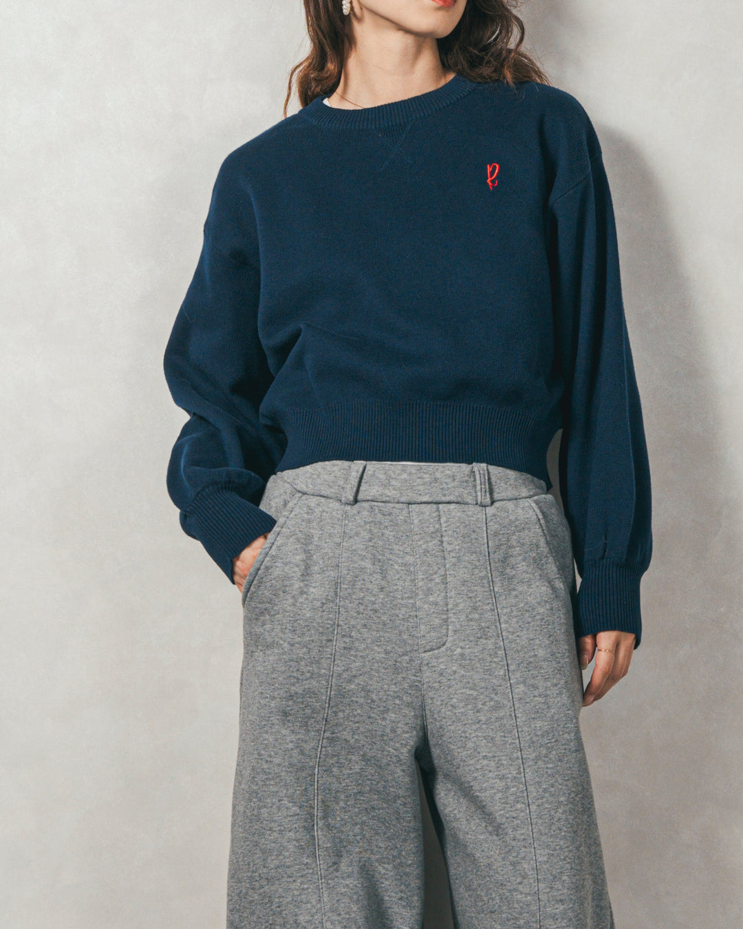 ［SET］スウェットライクロゴ刺繍ニット+Relax 裏起毛カーブパンツ（2SET）