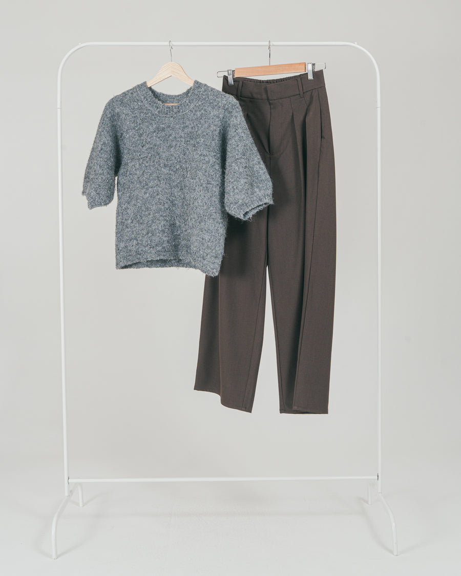 ［SET］フェザータッチハーフスリーブニット + ダブルタック ハイウエストワイドパンツ（2SET）