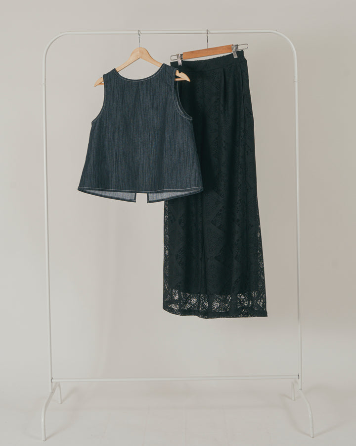 ［SET］スラブデニム 2Wayブラウス + Blockレース　ストレートパンツ（2SET）