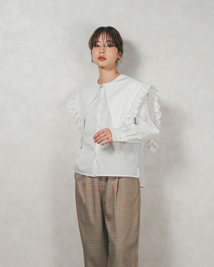 ［SET］2WAYビッグフリルカラーブラウス+モヘアタッチKnitビスチェ+2-Way ウェーブデザインスウェットパンツ（3SET）