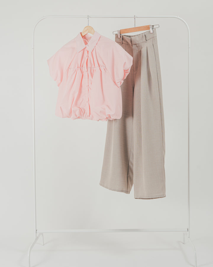 ［SET］バルーンShirringハーフスリーブシャツ + スラブTweedタックワイドパンツ（2SET）