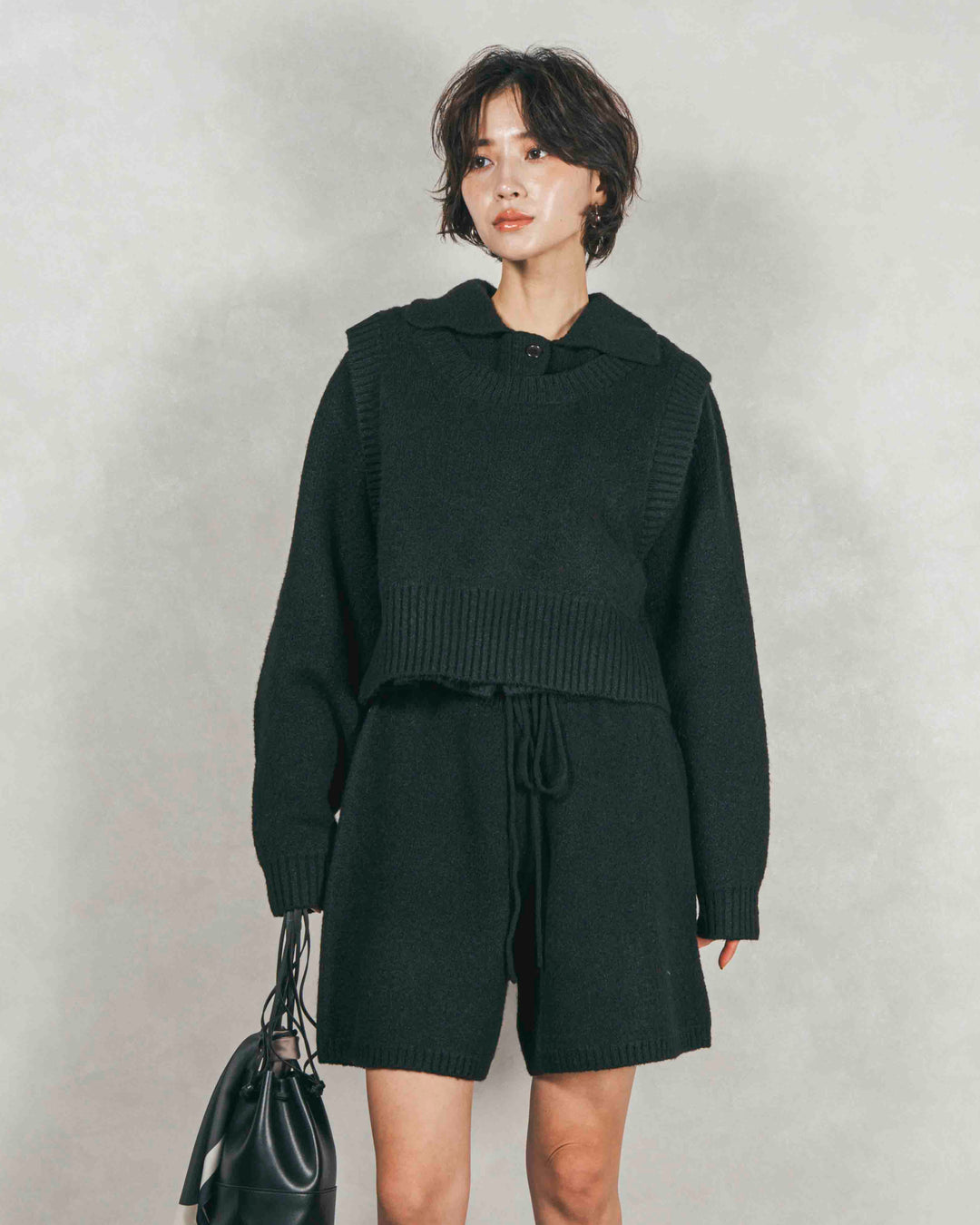 ［SET］Cloudyメランジ襟付きカーディガン+Cloudyメランジクロップドベスト+Cloudyメランジハーフパンツ（3SET）