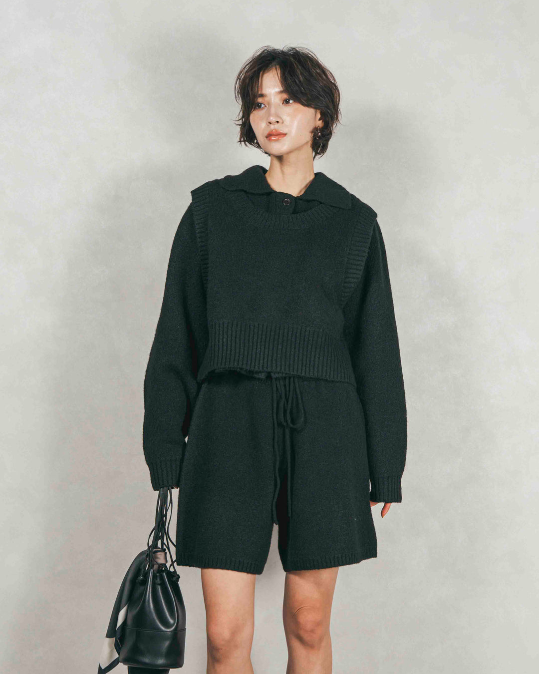 ［SET］Cloudyメランジ襟付きカーディガン+Cloudyメランジクロップドベスト+Cloudyメランジハーフパンツ（3SET）