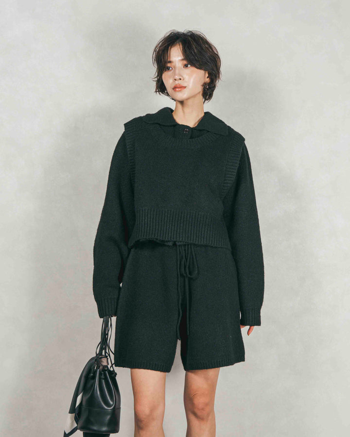 ［SET］Cloudyメランジ襟付きカーディガン+Cloudyメランジクロップドベスト+Cloudyメランジハーフパンツ（3SET）