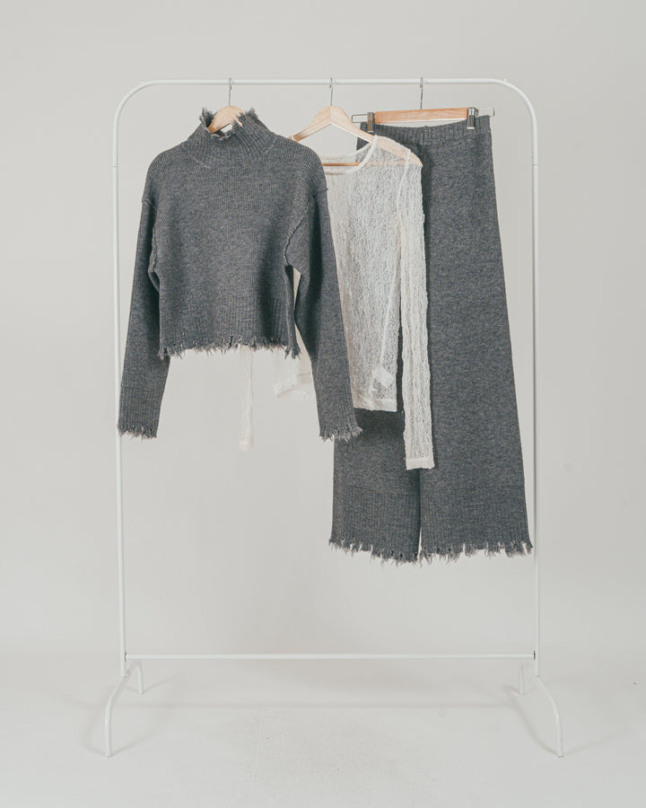 ［SET］Nuance Hem ハイネックニット + Nuance Hem ルーズニットパンツ + ストレッチレースシアートップス（3SET）