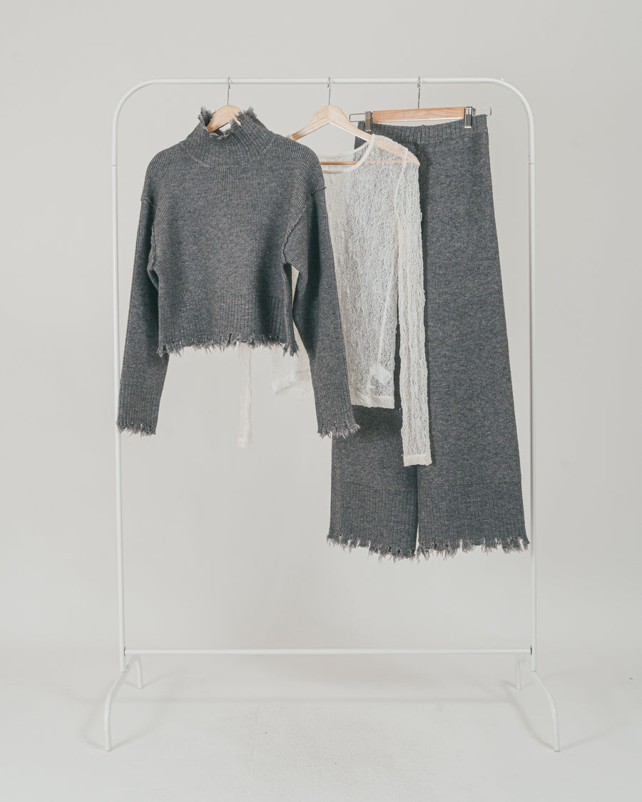 ［SET］Nuance Hem ハイネックニット + Nuance Hem ルーズニットパンツ + ストレッチレースシアートップス（3SET）