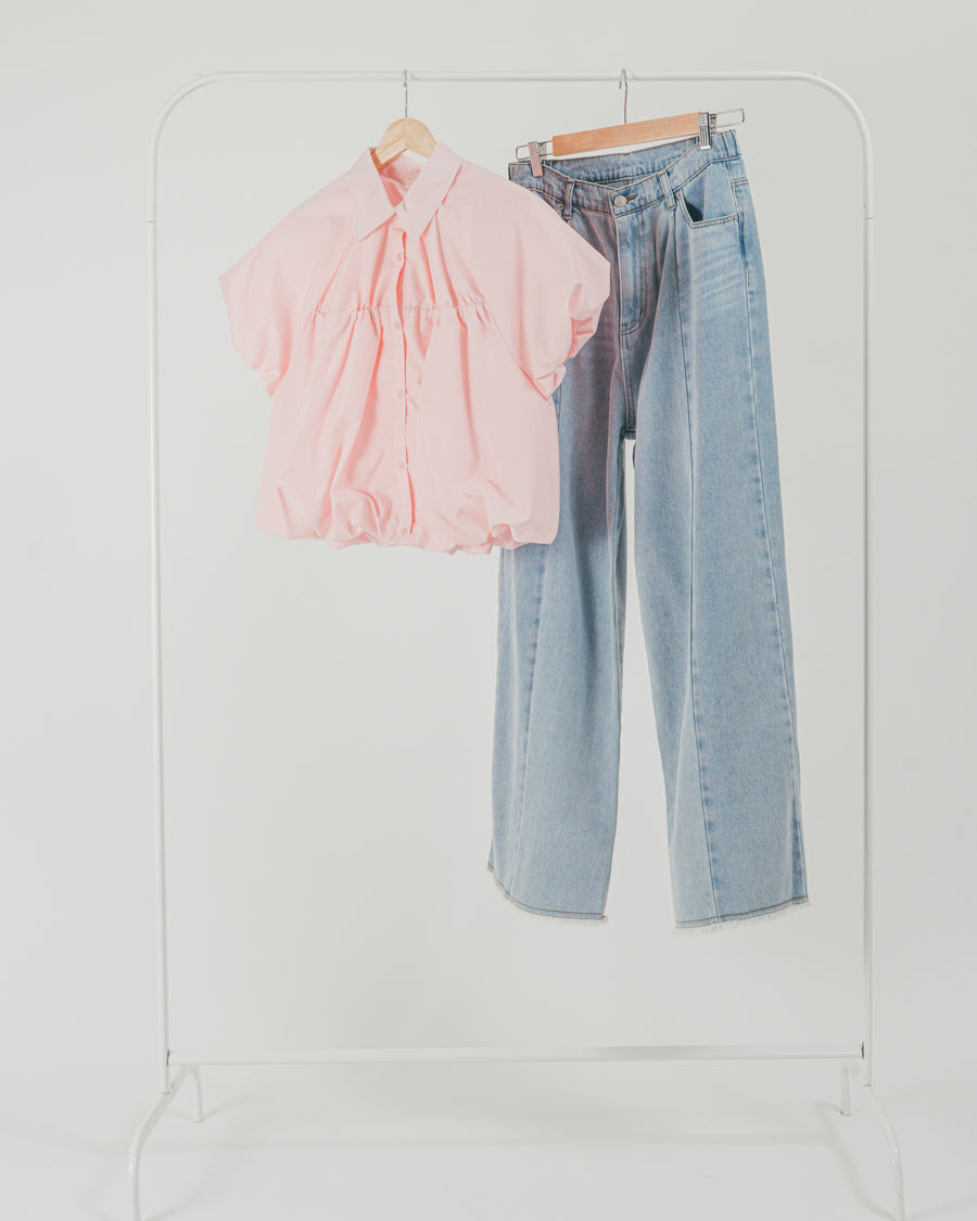 ［SET］バルーンShirringハーフスリーブシャツ + 10oz ニュアンスバイカラー リラックスワイドデニム（2SET）
