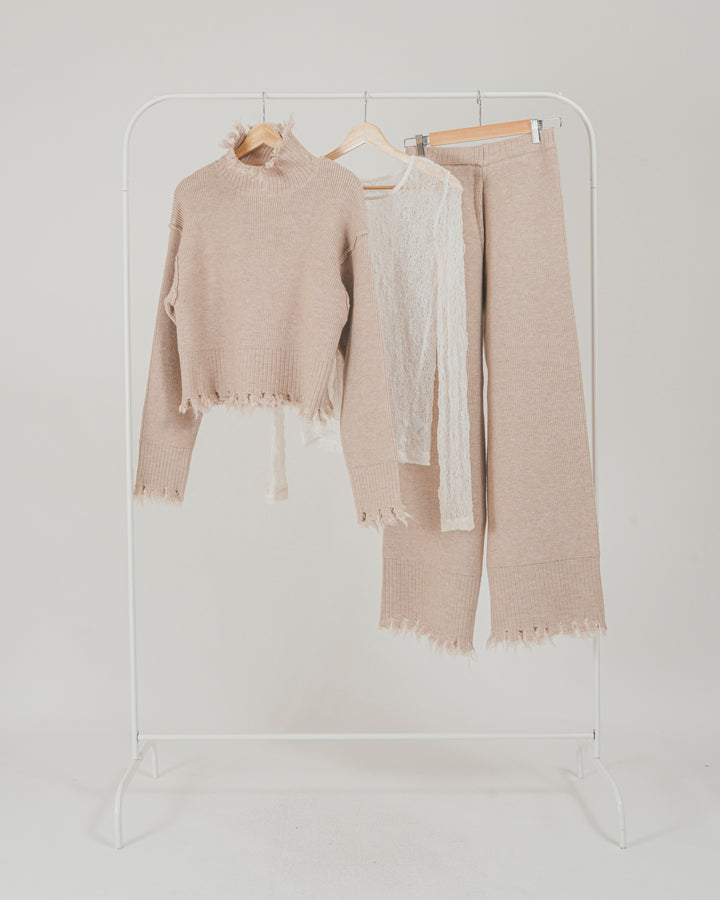［SET］Nuance Hem ハイネックニット + Nuance Hem ルーズニットパンツ + ストレッチレースシアートップス（3SET）