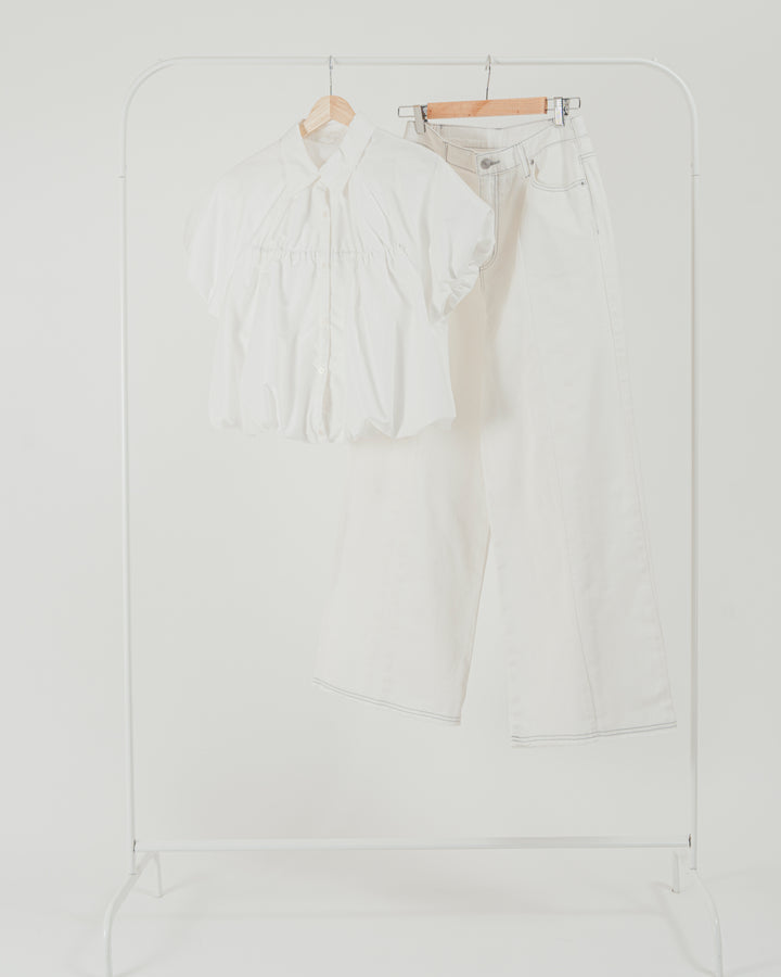 ［SET］バルーンShirringハーフスリーブシャツ + 10oz ニュアンスバイカラー リラックスワイドデニム（2SET）
