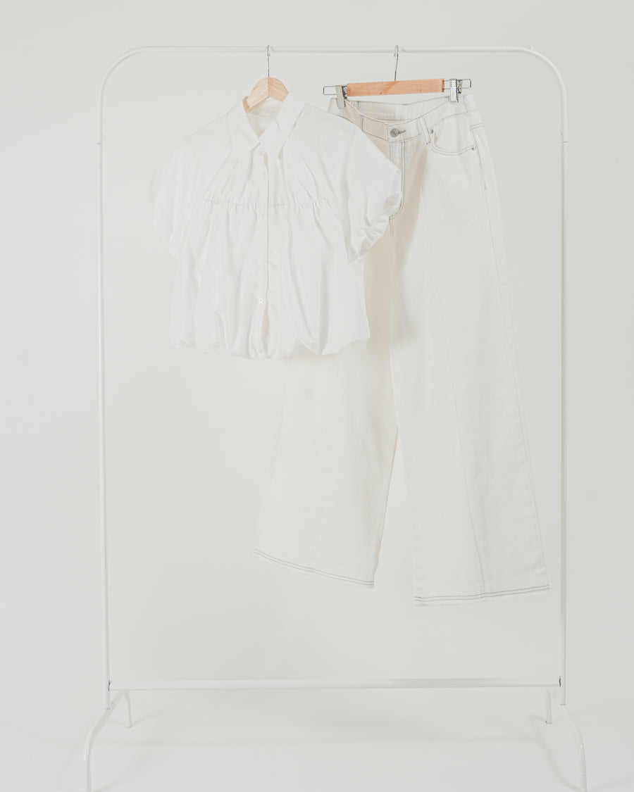 ［SET］バルーンShirringハーフスリーブシャツ + 10oz ニュアンスバイカラー リラックスワイドデニム（2SET）