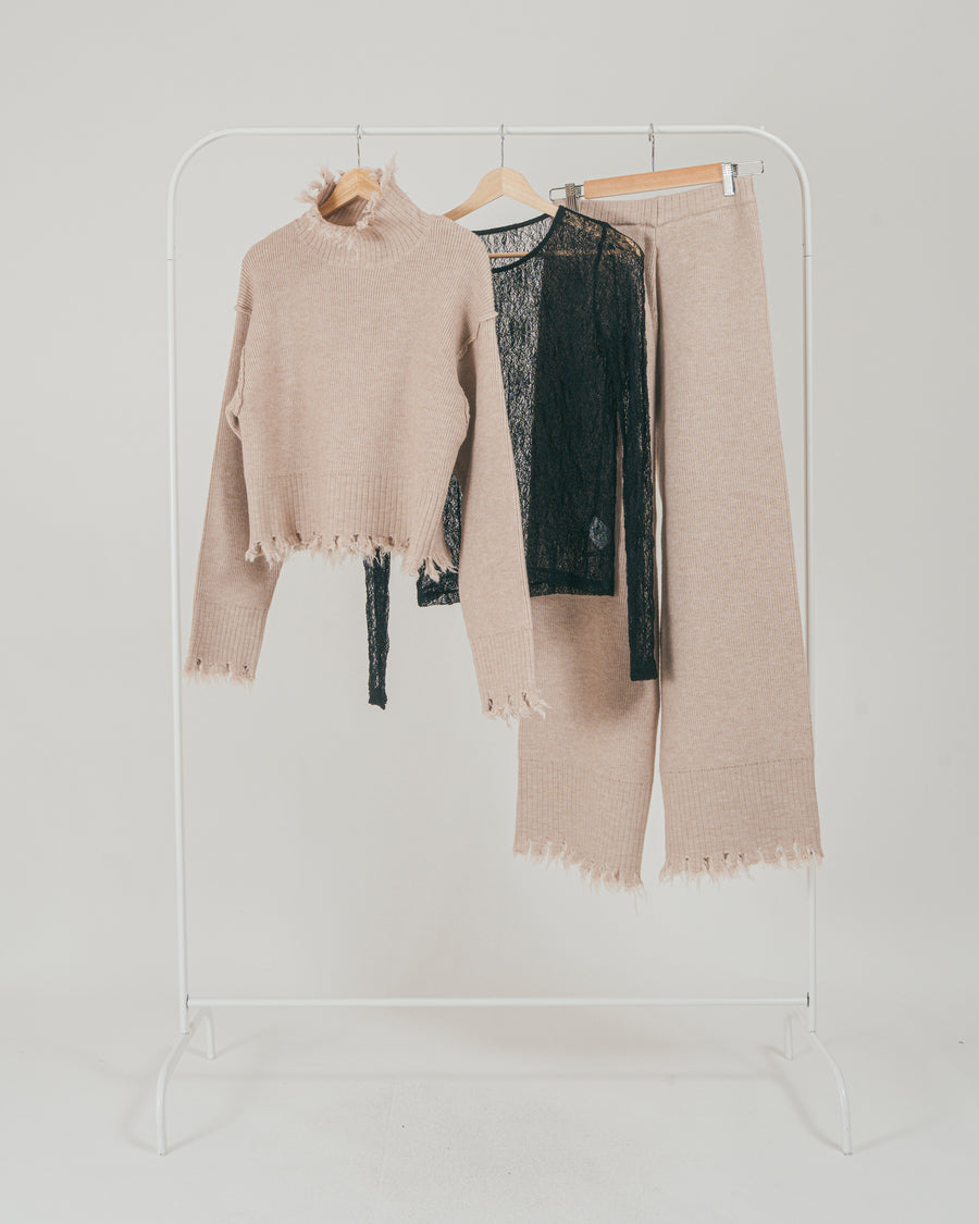 ［SET］Nuance Hem ハイネックニット + Nuance Hem ルーズニットパンツ + ストレッチレースシアートップス（3SET）