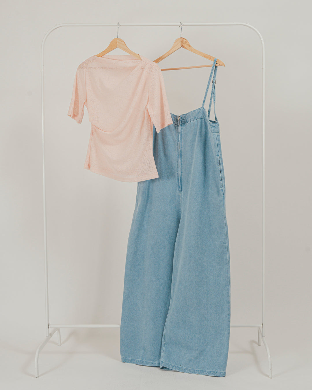 ［SET］接触冷感 10ozデニムオールインワン + カットレース ドレープTee（2SET）