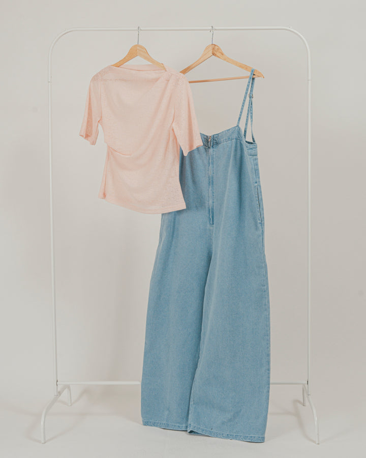 ［SET］接触冷感 10ozデニムオールインワン + カットレース ドレープTee（2SET）
