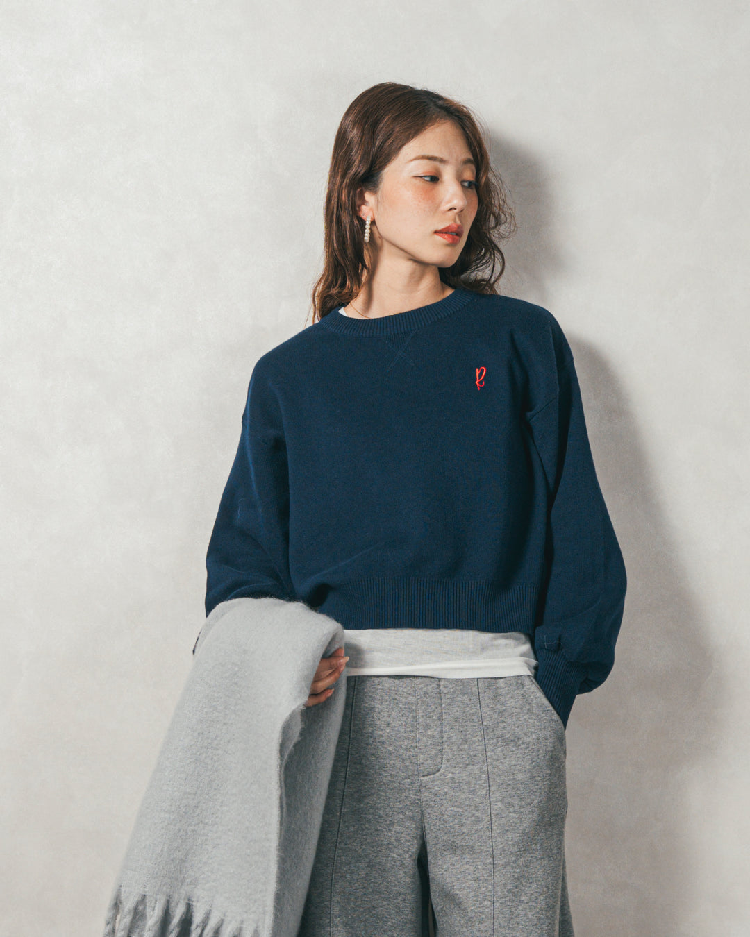 ［SET］スウェットライクロゴ刺繍ニット+Relax 裏起毛カーブパンツ（2SET）