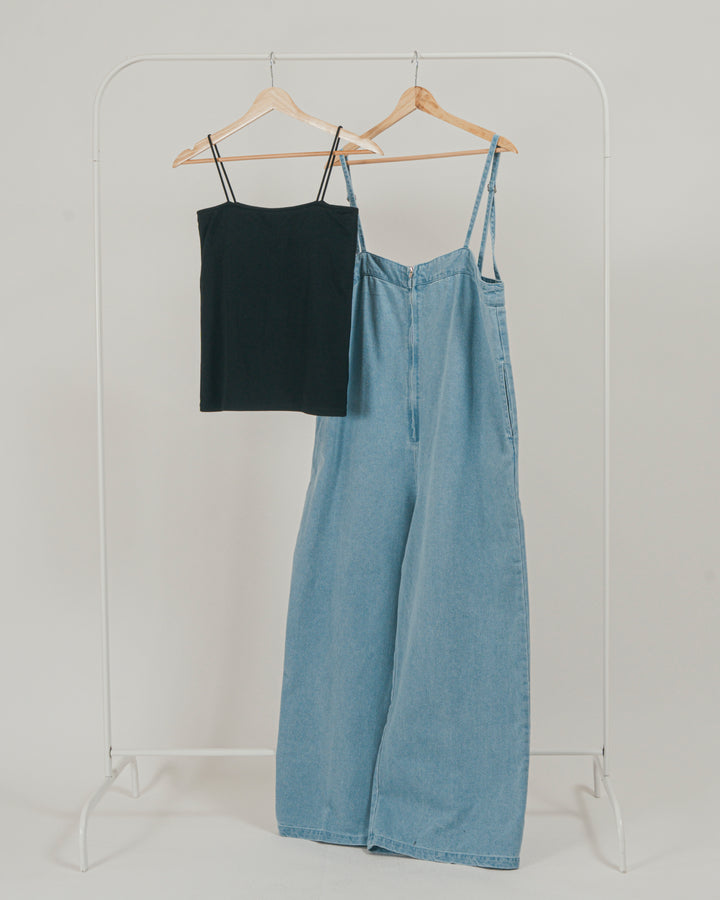 ［SET］接触冷感 10ozデニムオールインワン + 【接触冷感・UVカット・防臭】カップ付きリブキャミ（2SET）