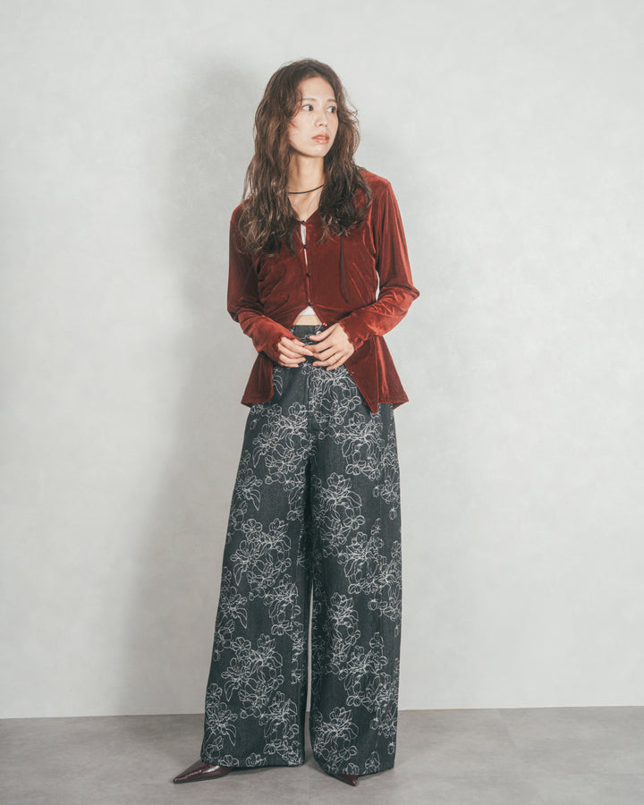 ベロア Vネックカーディガン (BORDEAUX)