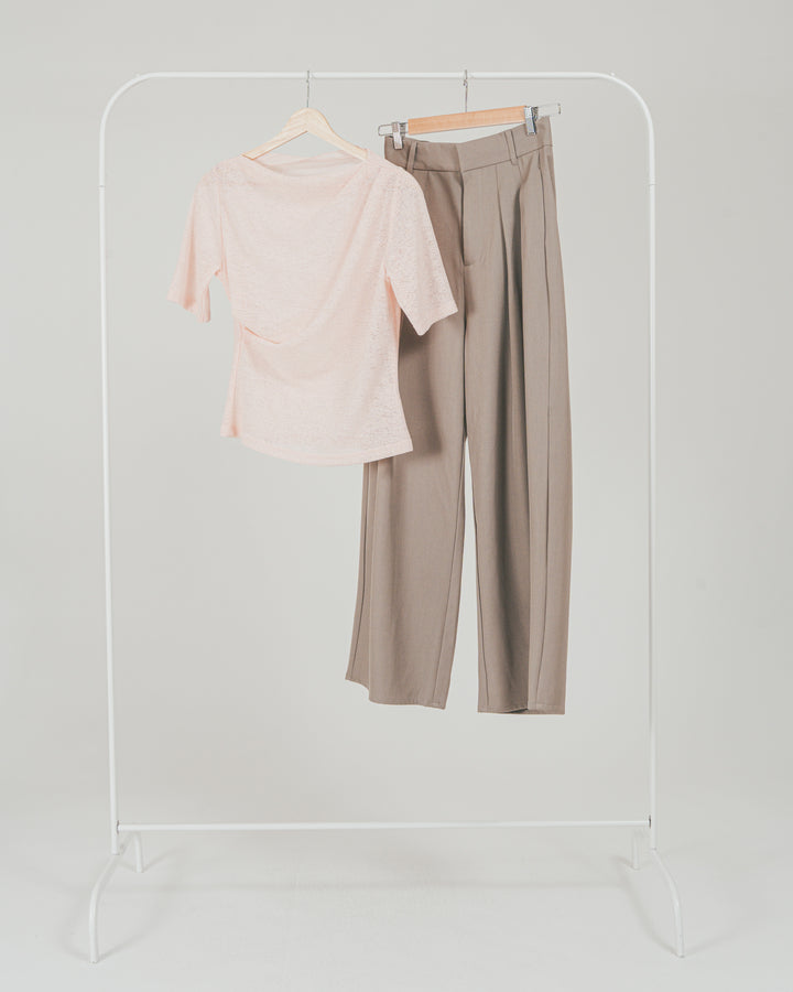 ［SET］カットレース ドレープTee + ダブルタック ハイウエストワイドパンツ（2SET）