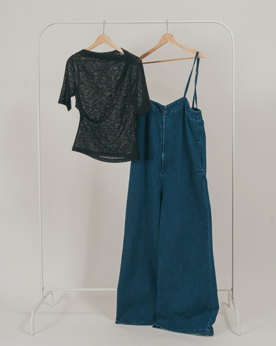 ［SET］接触冷感 10ozデニムオールインワン + カットレース ドレープTee（2SET）