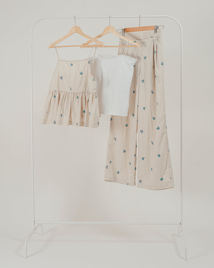 ［SET］Flower刺繍　ボリュームキャミ + Flower刺繍　タックパンツ + カップ付きカットリブキャミ（3SET）